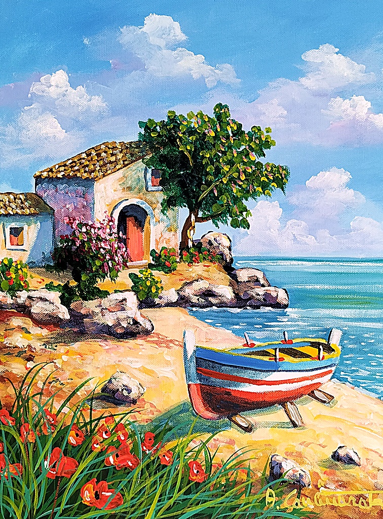 Quadro originale di Antonino Cammarata con barca sulla spiaggia, casa mediterranea e faro sul mare siciliano